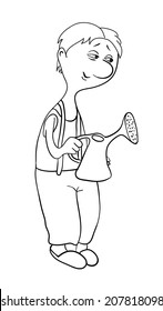 man with a watering can, contour vector illustration