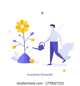 Man with watering can cultivating plant with dollar coins growing on it. Concept of income growth, financial profit or gains, personal earnings or revenue. Modern flat colorful vector illustration.