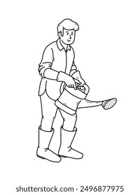 Man with watering can in hands doodle illustration. Watering plants, in garden or vegetable garden. Agricultural working people tending garden. Vector outline illustration.