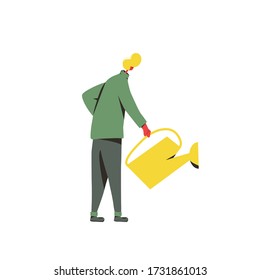 Man with watering can in his hand. Young man watering something isolated on white background. Vector flat illustration.