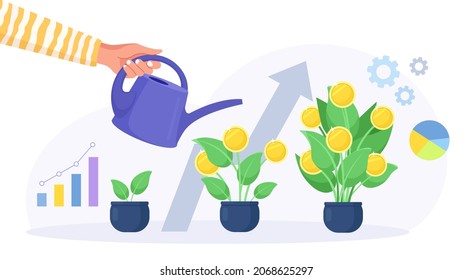 Man with Watering Can Pours on Money Tree with Golden Flowers Coins. Process of Growth Investitions. Profit, Prosperity, Business Success Results. Making Money by Investment, Financial Management