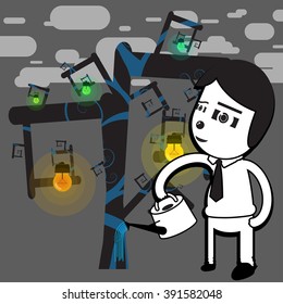 a man with a watering can watering a tree of ideas.
