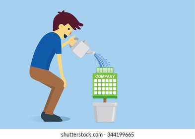 Man watering the company with water from watering pot. This illustration is concept about business management to grow and success.