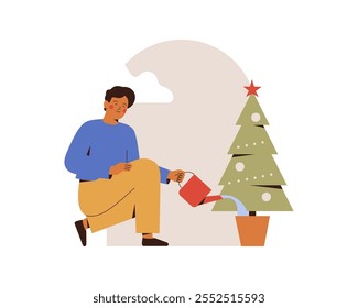 Man watering decorative Christmas fir in the pot. Reuse xmas tree and growth houseplant at home conservation concept. Vector illustration