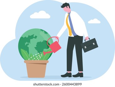 Man watering the Earth planet with a watering can. World Environment Day. Concept of environment, ecology, nature protection.