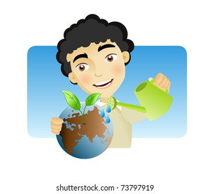Man watering the earth with plant sprouting out of it as a result.