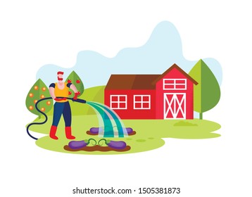 Man Watering Eggplant in Vegetable Garden on Background Red House. Grow Organic Vegetables. Vector Illustration. Healthy Food. Organic Food. Produced Natural Products. People and Organic Production.