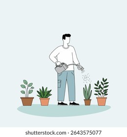 A man is watering five potted plants with a watering can in a minimalist illustration style.
