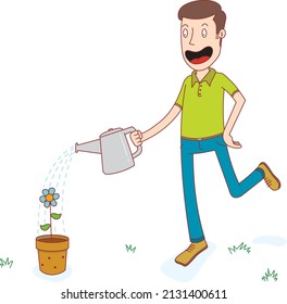 Man watering a flower in a pot