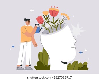 Man Watering Flowers in Human Head. Mental Health Care Vector Illustration, Symbolizing Mindfulness, Personal Growth, Positive Thinking, Emotional Wellbeing, Self-Development, Flat isolated background