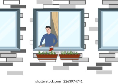 The man is watering the flowers on the balcony. Care of flowers at home. Vector illustration