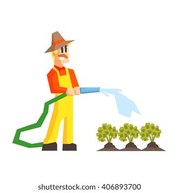 Man Watering The Garden Bed With Hose Primitive Geometric Cartoon Style Flat Vector Design Isolated Illustration