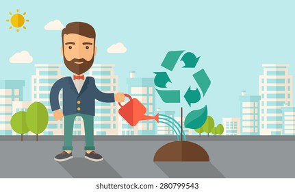 A man watering the green recycle tree to improve the ecology under the sun. A Contemporary style with pastel palette, soft blue tinted background with desaturated clouds. Vector flat design