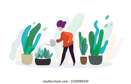 Man watering a home plant. Cartoon cute vector illustration about ecology, natural farming.