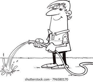 Man Watering With a Hose