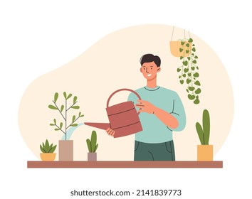 Hogar regando la planta. El tipo con latas de agua en el jardín, plantas y flores, vegetación y follaje. Las tareas domésticas y la rutina. Cactus, arbustos y árboles. Dibujo vectorial plano de dibujos animados