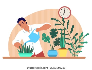 Man watering houseplants with watering can, flat vector illustration. Housework, household chores, housekeeping, hobby.