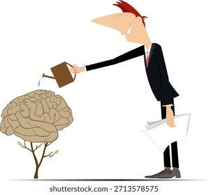 El hombre que riega un cerebro humano crece desde el suelo. Ilustración conceptual del crecimiento, conocimiento, intelecto y conexión con la naturaleza