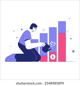 Hombre Regando El Gráfico De Barras De Inversión En Ilustración vectorial Plana Que Simboliza El Crecimiento Financiero, Las Estrategias De Inversión Y La Gestión De Patrimonio, Aislado Sobre Fondo Blanco