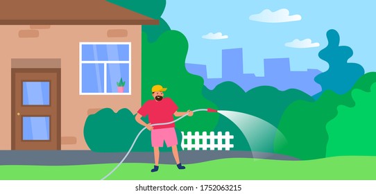 man watering lawn green grass near inside of his house using hose vector illustration