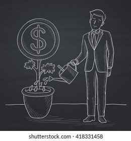 Man watering money flower.