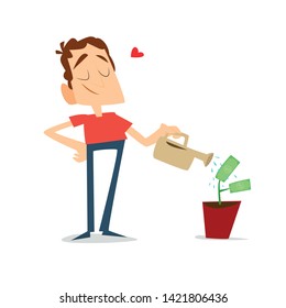 A man watering money plants, concept for saving and making money, investment, getting profit, financial management isolated on white background. Vector illustration