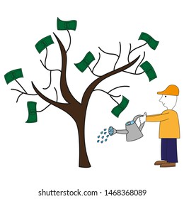 Man watering a money tree from a watering can