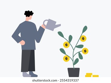 Man watering money tree illustration