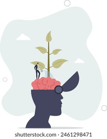 man watering on plantation seedling growing from head brain.flat vector illustration.