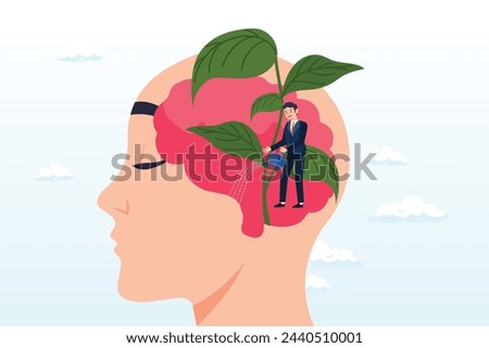 Man watering on plantation seedling growing from head brain, growth mindset, personal development or improvement, training to believe to success, motivation or coaching, growing attitude (Vector)