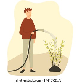 Man watering plant, holding hose in countryside nature environment. Spending time outside in village or summer cottage. Gardening, mental health improvement. Flat isolated cartoon boy character.