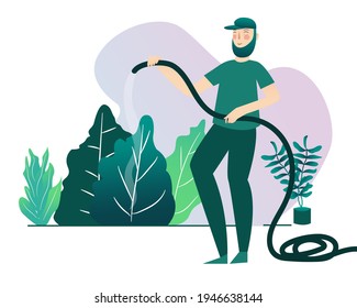 man watering plant use hose with cartoon flat style vector design illustration