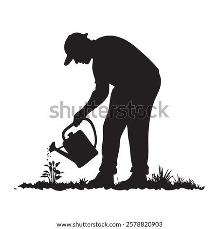 A man is watering plants with a watering can