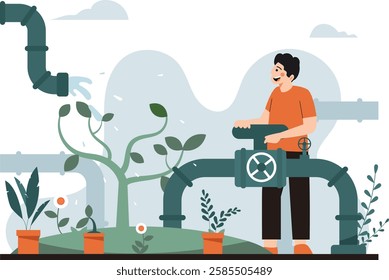 A man watering plants. with a colorful flat design concept. to encourage environmental protection.