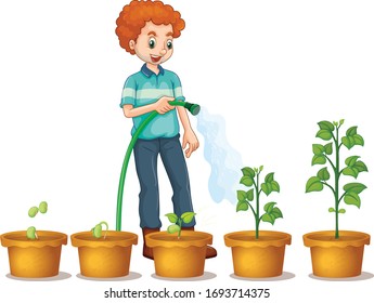 Man watering plants in the garden on white background illustration