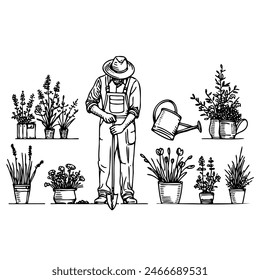 A man is watering plants in a garden. The plants are in various pots and planters, and the man is using a watering can to water them. Concept of care and attention to the plants
