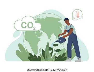 Man watering plants. Guy takes care of raw and color, oxygen production and CO2 recycling, reducing emission of harmful substances. Caring for nature and environment. Cartoon flat vector illustration