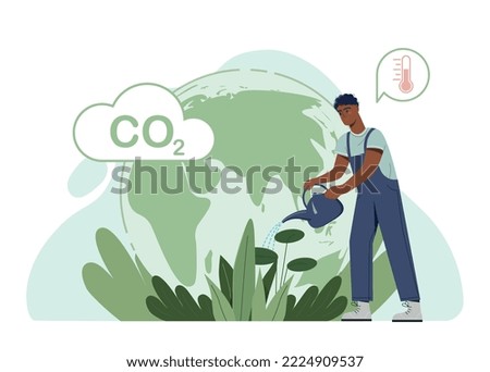 Man watering plants. Guy takes care of raw and color, oxygen production and CO2 recycling, reducing emission of harmful substances. Caring for nature and environment. Cartoon flat vector illustration