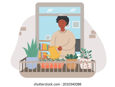 man watering plants in his apartment balcony through the window. used for website image, social media illustration and other