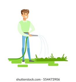 Man Watering Plants With Hose , Contributing Into Environment Preservation By Using Eco-Friendly Ways Illustration