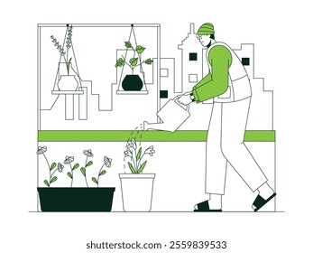 Man is watering plants on a balcony,holding a watering can and watering potted plants growing beside him,hanging plants and houseplants,city landscape background,urban farming vector illustration.