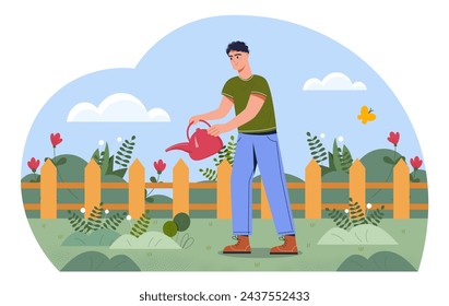 Man watering plants outdoor. Young guy with watering can at backyard or in garden. Farming and agriculture, rural scene. Bloom and bloddom plants. Cartoon flat vector illustration