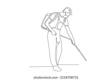 Man watering plants with pest medicine. Pest control concept one-line drawing