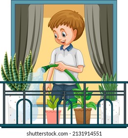 A man watering plants standing on the balcony illustration