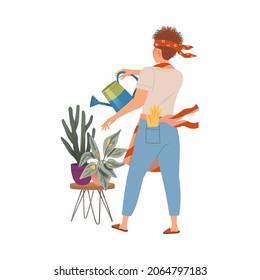 Man watering potted houseplants. Househusband doing daily routine cartoon vector illustration