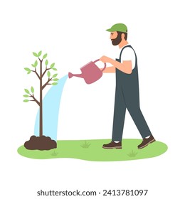 Man is watering tree with watering can. Arbor Day Natural Environmental Protection Flat vector illustration