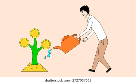 A man is watering a tree with a watering can. The tree has three coins on it, which suggests that it is a symbol of growth and prosperity. The man is standing next to the tree