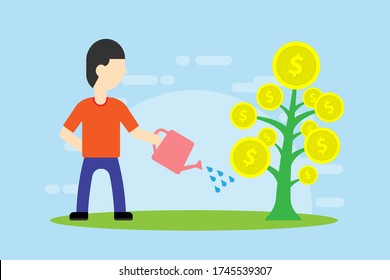 Man watering tree of coins. Dollar coins. Business concept. Abstract background. Watering can. 