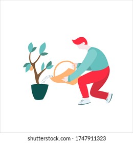 Man watering a tree. Concept of care. Concept of saving money.
Growth. Gardening male character