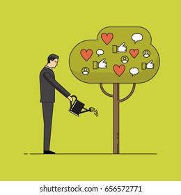 El árbol de riego era símbolo de los medios sociales. Concepto de marketing en medios sociales, compromiso con los seguidores. Ilustración vectorial de color delgado aislada en fondo brillante